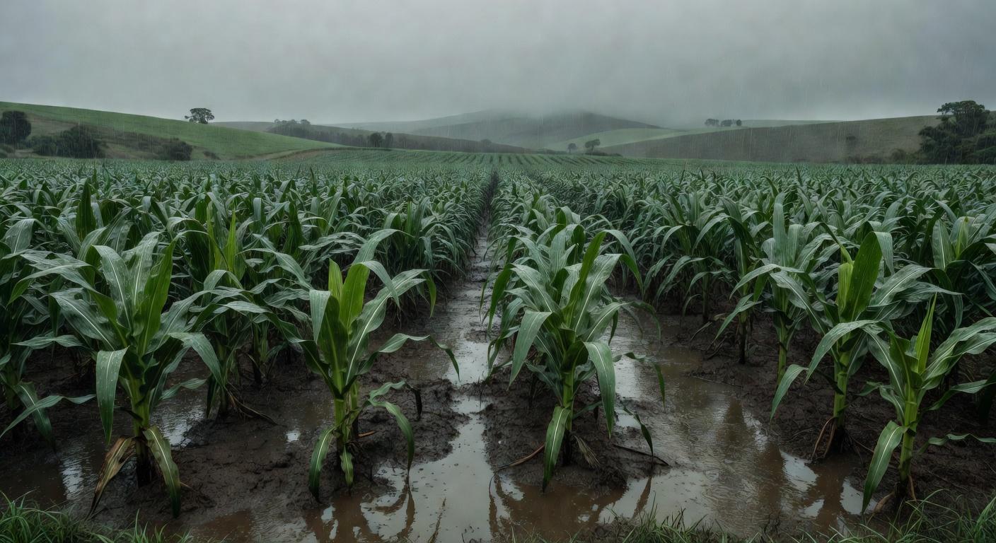 Lavouras de milho encharcadas por chuvas persistentes no Sul do Brasil