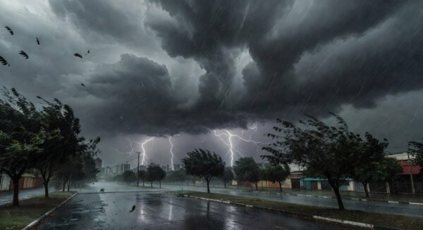 Temporais e frente fria com chuva intensa e nuvens escuras sobre cidade brasileira