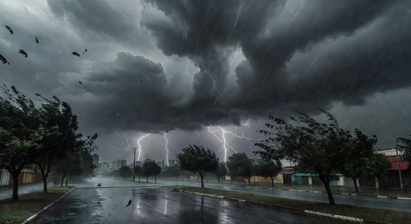 Temporais e frente fria com chuva intensa e nuvens escuras sobre cidade brasileira