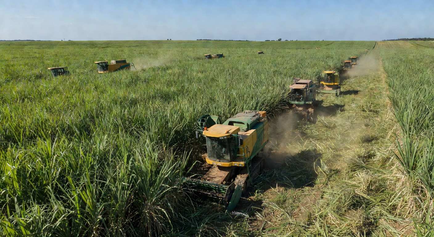 Plantação de cana-de-açúcar no Brasil durante safra que influencia queda de preços em Nova York e Londres