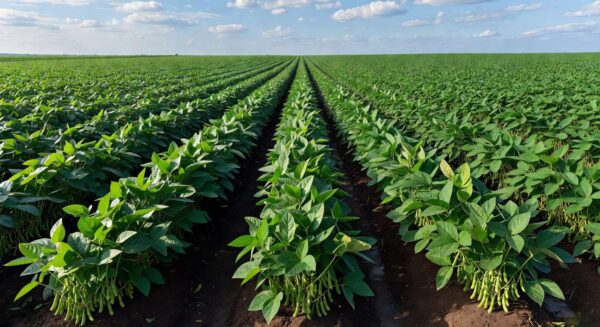 Vasta plantação de soja no Brasil representando mercado volátil em Chicago