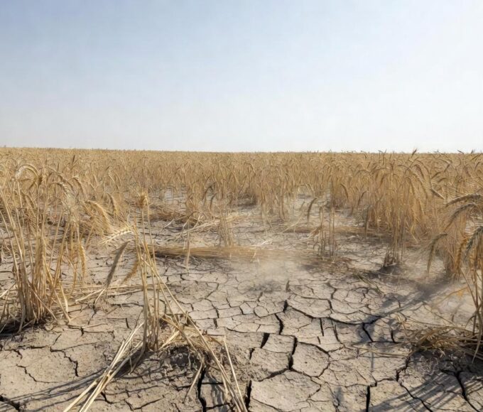 Lavoura de trigo afetada por seca extrema com solo seco e plantas ressecadas