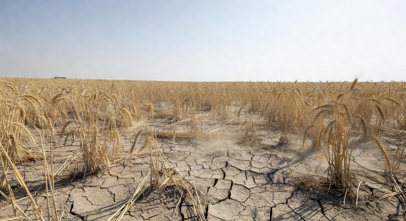 Lavoura de trigo afetada por seca extrema com solo seco e plantas ressecadas
