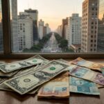 Notas de dólar e real em casa de câmbio em São Paulo simbolizando alta da moeda