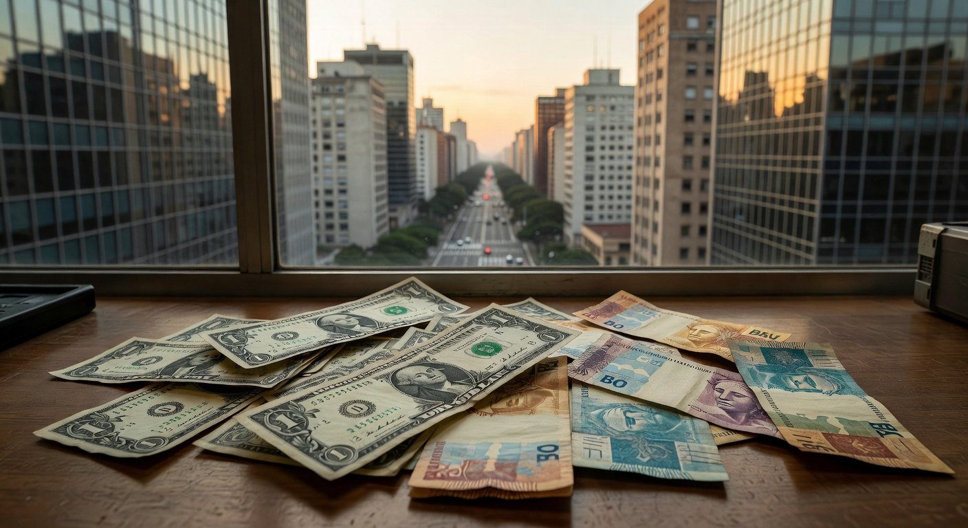 Notas de dólar e real em casa de câmbio em São Paulo simbolizando alta da moeda