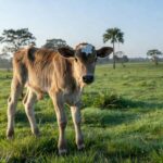 Bezerro com marca em forma de cruz na testa em fazenda rural brasileira