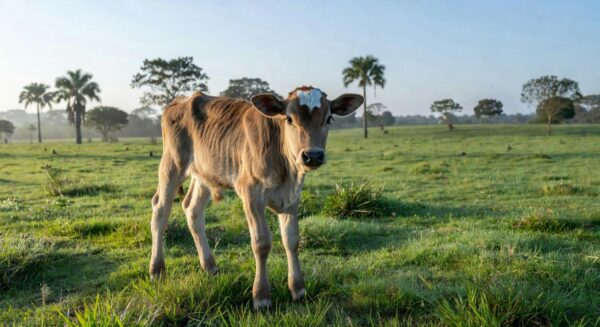 Bezerro com marca em forma de cruz na testa em fazenda rural brasileira