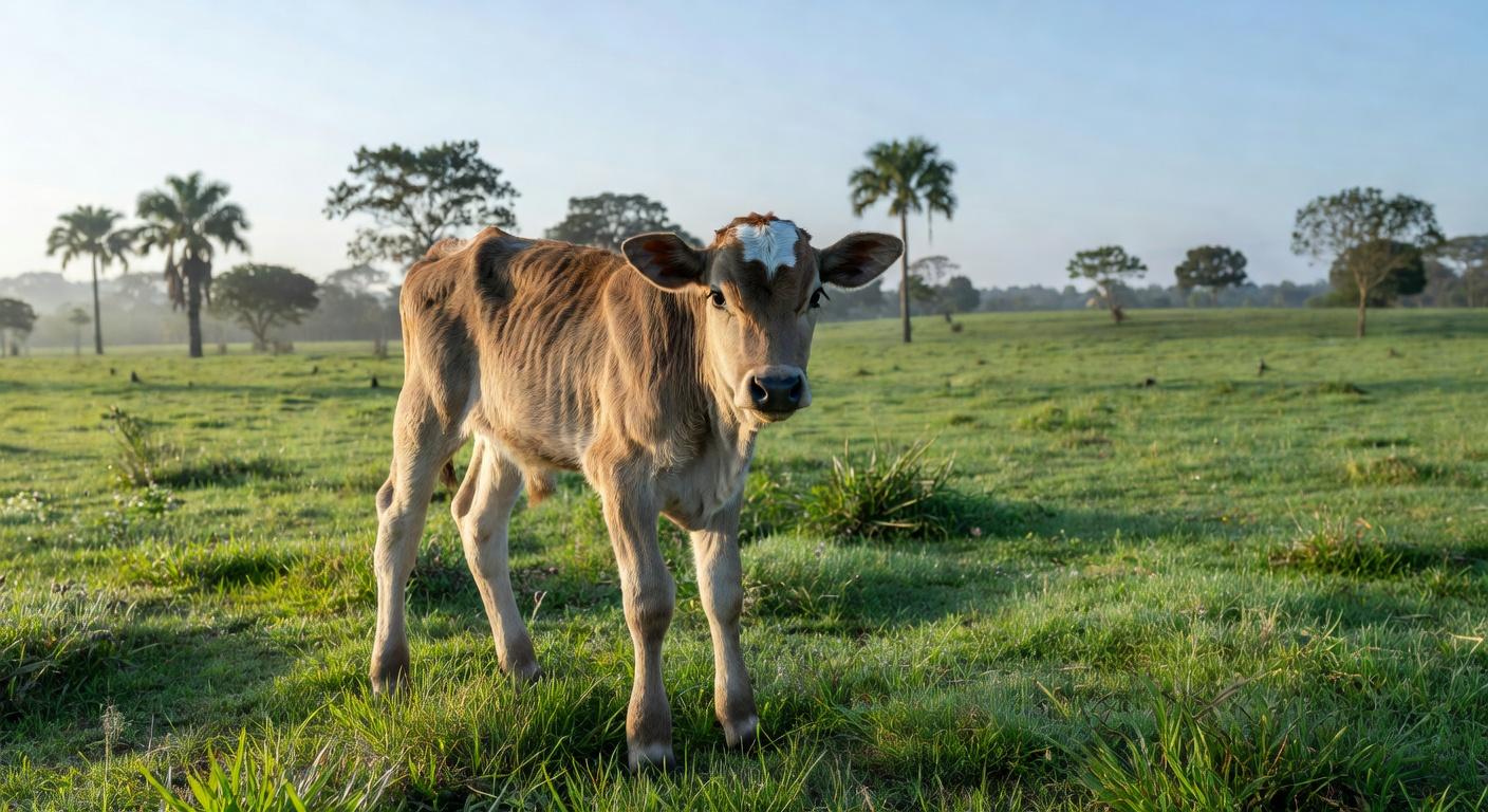 Bezerro com marca em forma de cruz na testa em fazenda rural brasileira