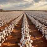 Plantação de algodão no Brasil com capulhos brancos sob céu nublado