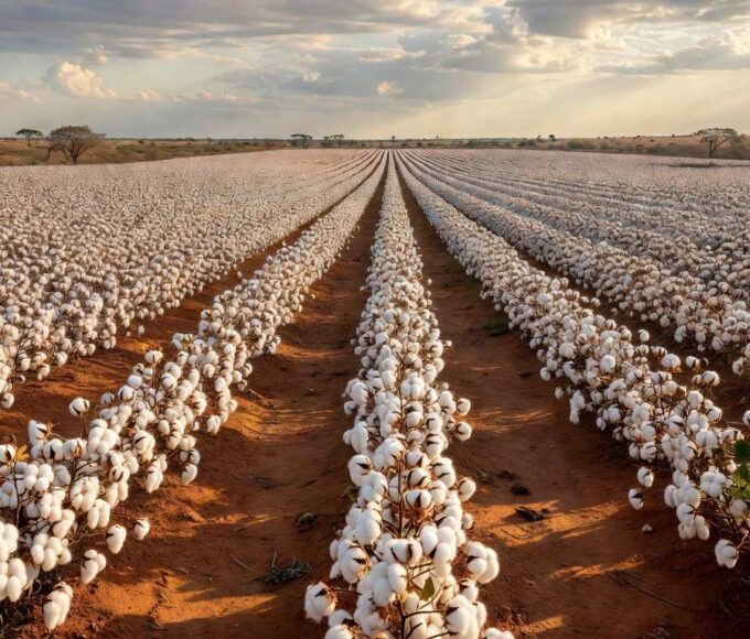 Plantação de algodão no Brasil com capulhos brancos sob céu nublado