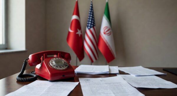 Telefone vermelho em mesa diplomática com bandeiras simbolizando ligação sobre cessar-fogo com o Irã