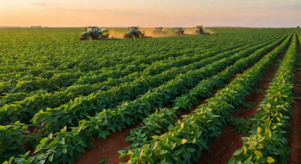 Lavouras de soja no Brasil com equipamentos agrícolas representando agronegócio