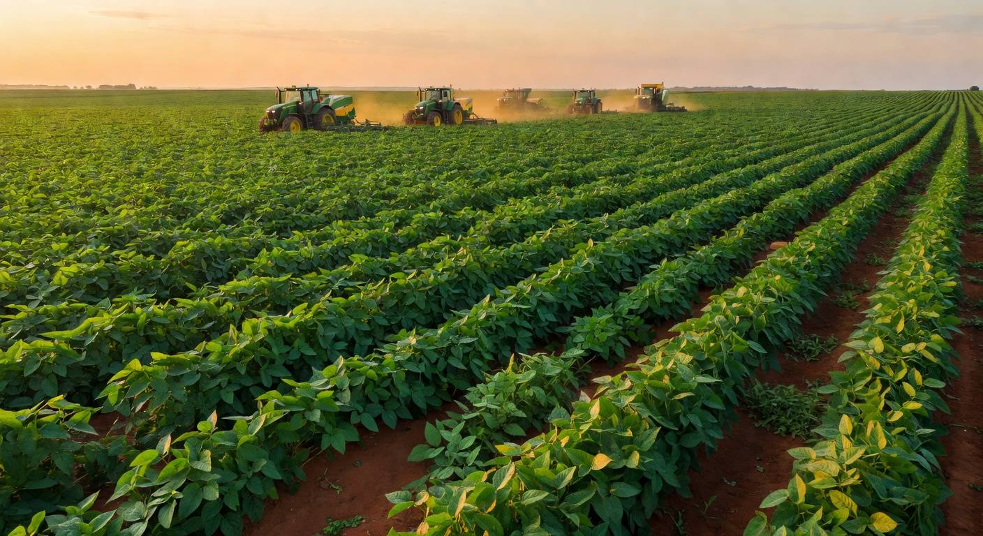 Lavouras de soja no Brasil com equipamentos agrícolas representando agronegócio
