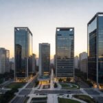 Distrito financeiro de São Paulo simbolizando alta na bolsa e recorde do Dow Jones