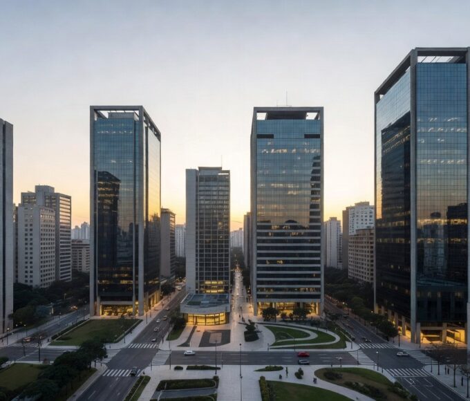 Distrito financeiro de São Paulo simbolizando alta na bolsa e recorde do Dow Jones