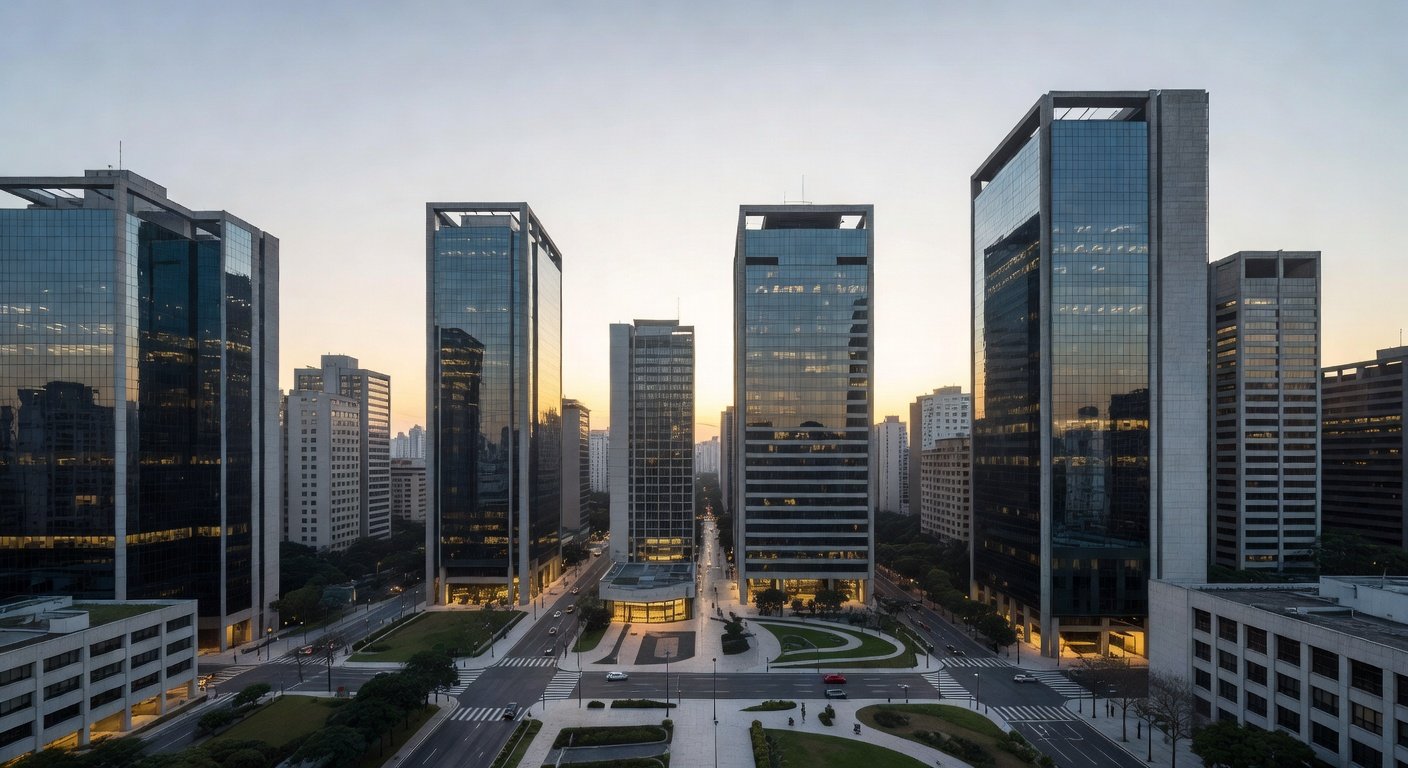 Distrito financeiro de São Paulo simbolizando alta na bolsa e recorde do Dow Jones