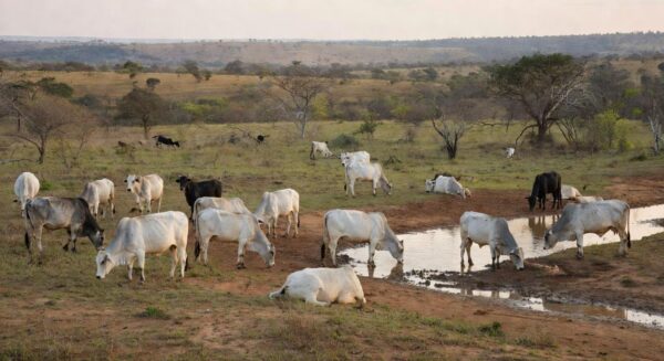 Gado bebendo água em um cocho na fazenda Beetaloo. Foto: Beetaloo