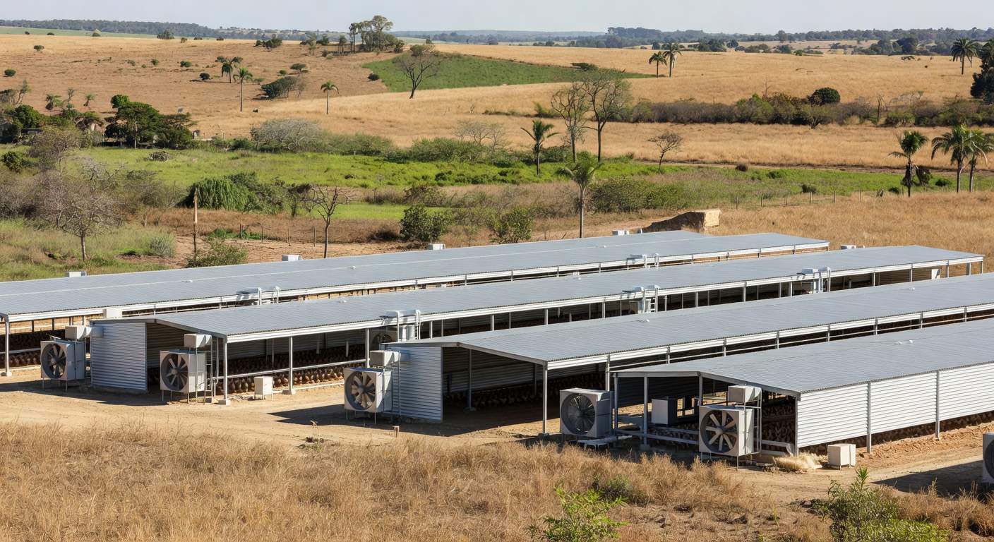 Granja de frango climatizado no Brasil com sistemas de controle climático