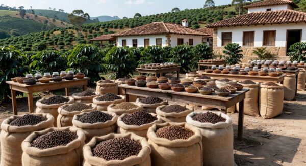Expocafé 2026 em Varginha com sacos de café e plantação