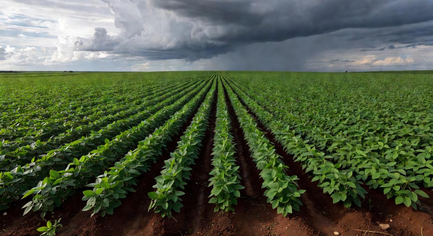 Lavoura de soja no Brasil sob céu nublado, representando temores do El Niño na safra 2026/27