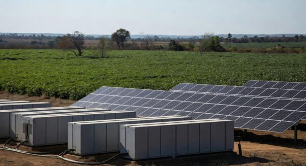 Sistema de baterias e painéis solares em fazenda de soja no Brasil