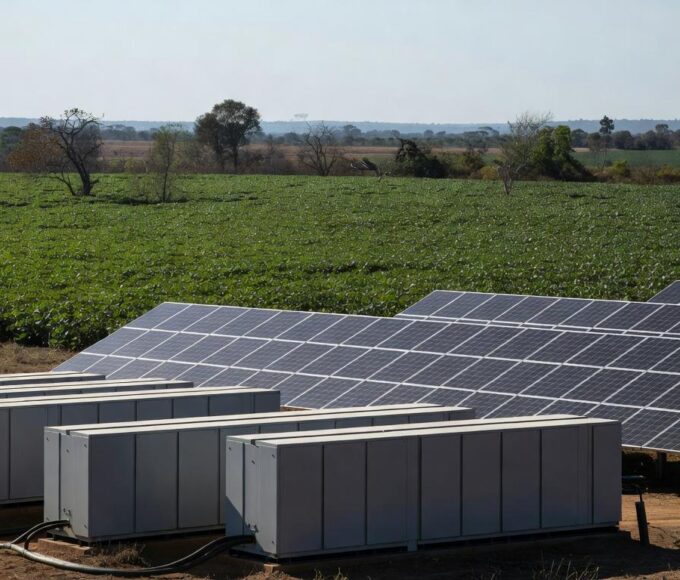 Sistema de baterias e painéis solares em fazenda de soja no Brasil