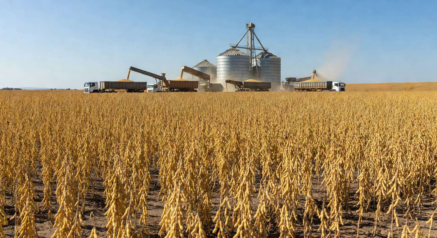 Plantação e silos de soja em porto brasileiro com alta de preços