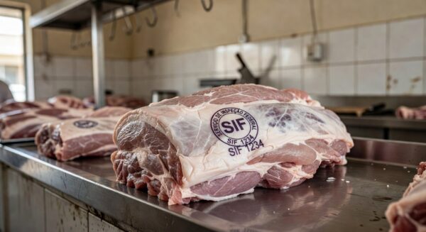 Carimbo da SIF na carne de porco — Foto: Reprodução / Globo Rural