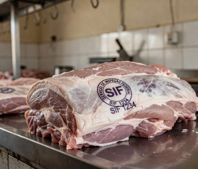 Carimbo da SIF na carne de porco — Foto: Reprodução / Globo Rural
