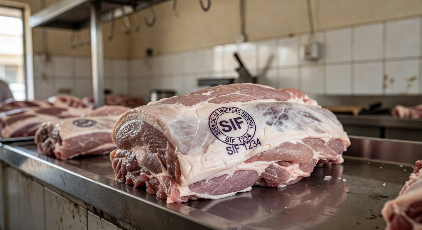 Carimbo da SIF na carne de porco — Foto: Reprodução / Globo Rural