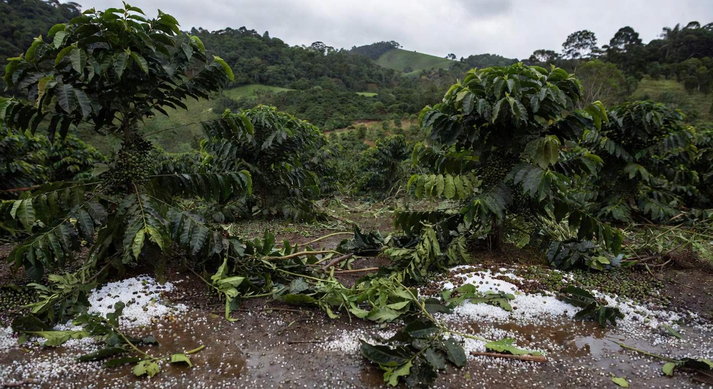 Lavouras de café danificadas por granizo no Sul de Minas