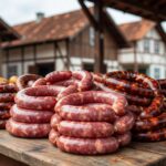 Linguiças Blumenau em mesa de mercado no sul do Brasil
