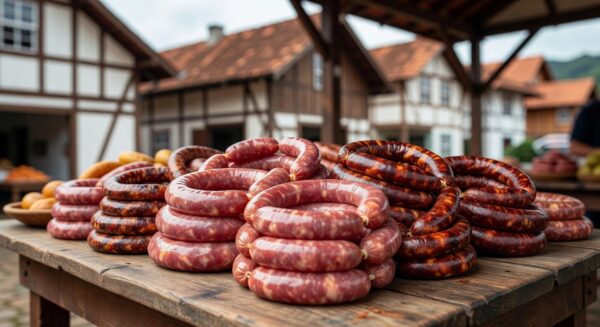Linguiças Blumenau em mesa de mercado no sul do Brasil