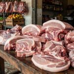 Cortes de carne suína expostos em açougue brasileiro