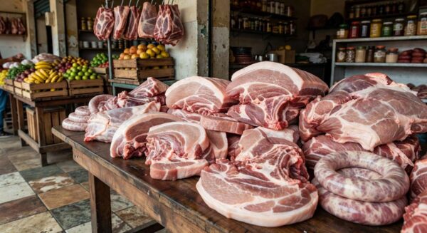 Cortes de carne suína expostos em açougue brasileiro