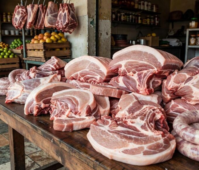 Cortes de carne suína expostos em açougue brasileiro