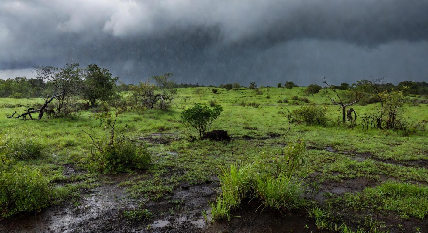 Paisagem do cerrado com chuva de frente fria no Centro-Oeste do Brasil