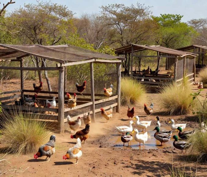 Granja de aves no Brasil com galinhas em ambiente rural, ilustrando vacinação contra influenza aviária