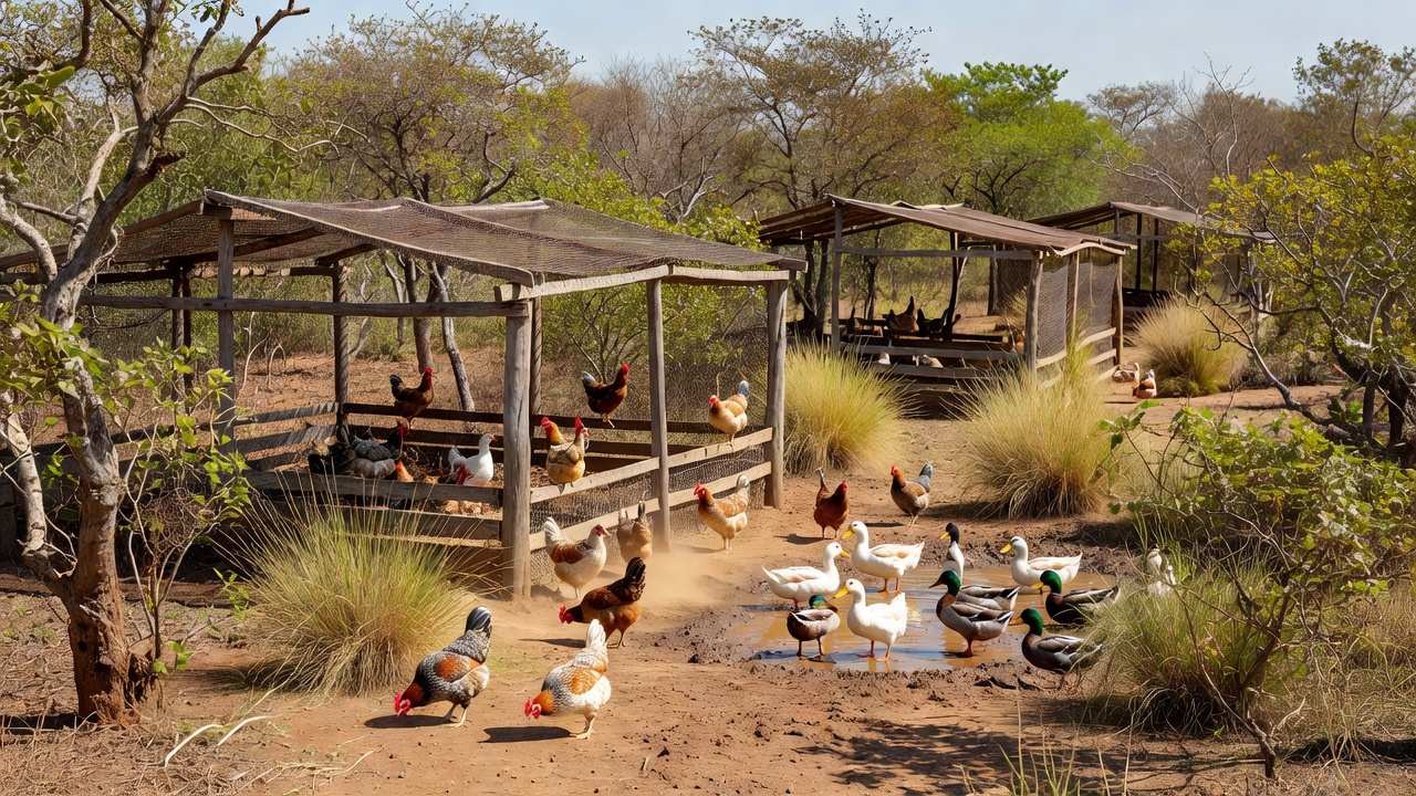 Granja de aves no Brasil com galinhas em ambiente rural, ilustrando vacinação contra influenza aviária