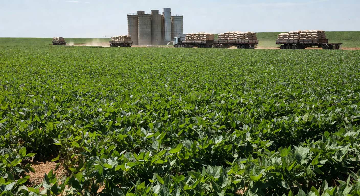 Plantação de soja no Brasil com silos e farelo de soja