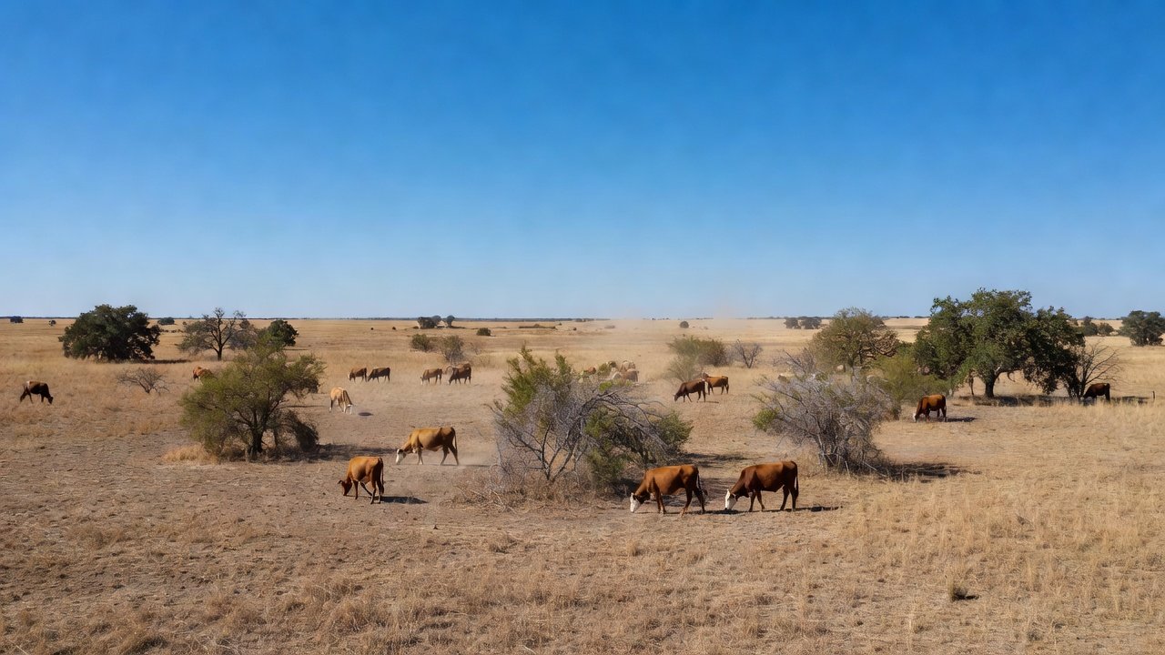 Paisagem rural no sul do Texas com gado, sobre reintrodução da bicheira-do-novo-mundo