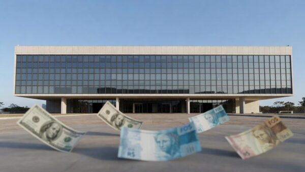 Prédio do Banco Central do Brasil com notas de dólar e real simbolizando fluxo cambial positivo