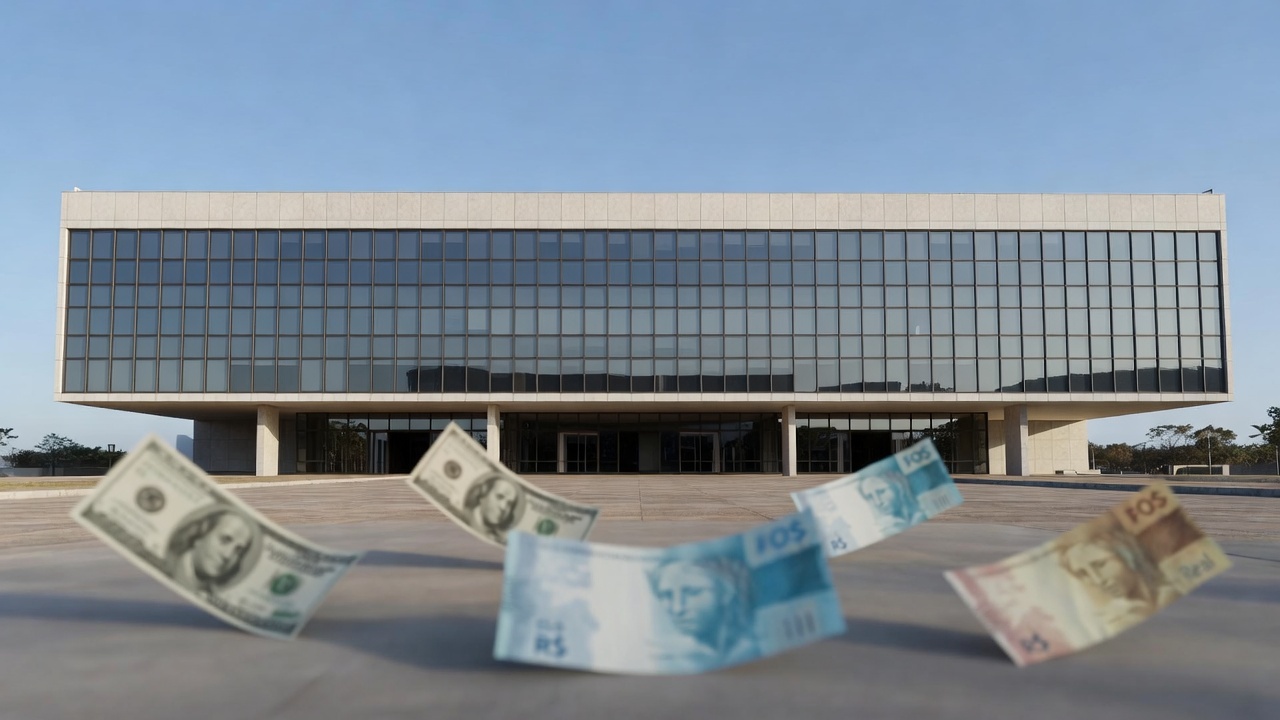 Prédio do Banco Central do Brasil com notas de dólar e real simbolizando fluxo cambial positivo