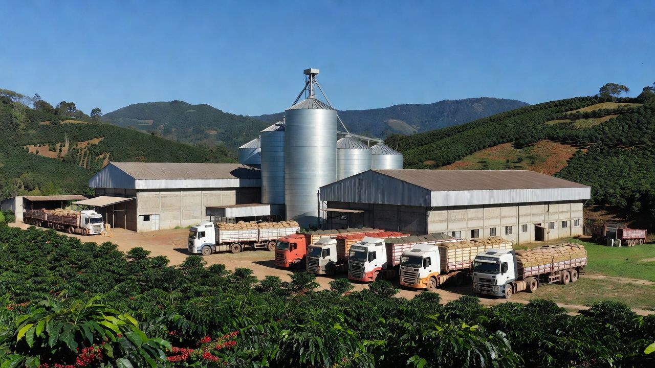 Instalações de cooperativas agrícolas em Minas Gerais com plantações e silos