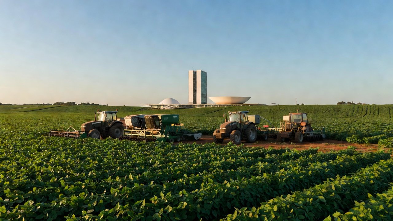 Lavoura de soja em Brasília com Congresso Nacional ao fundo sobre seguro rural