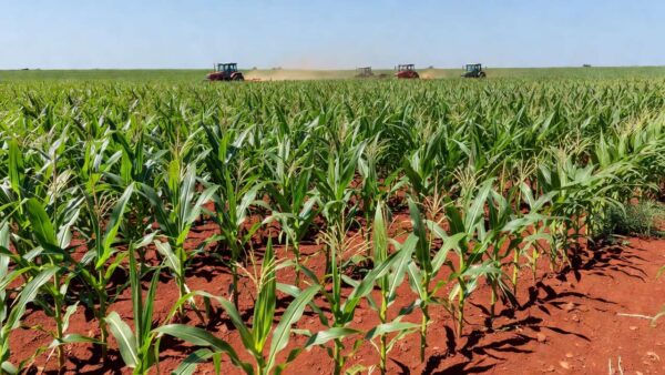Lavoura de milho safrinha no Brasil com tratores agrícolas