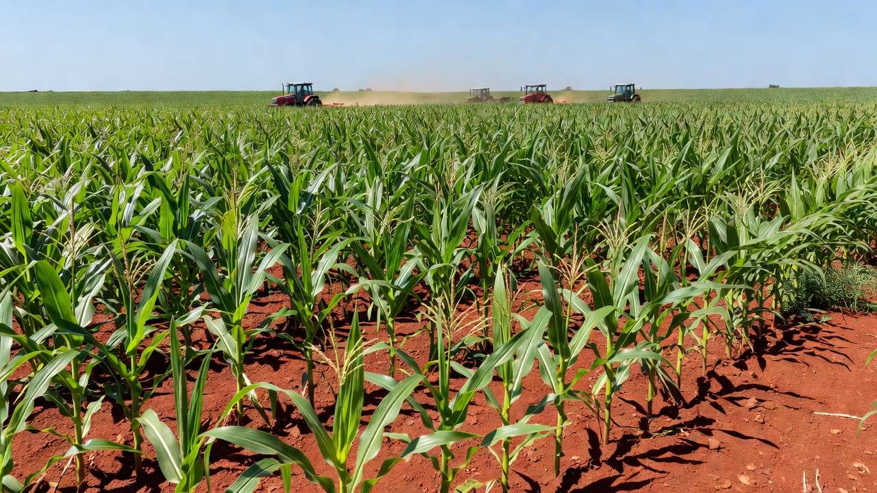 Lavoura de milho safrinha no Brasil com tratores agrícolas