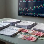 Documentos financeiros e notas de yuan representando investimentos na China