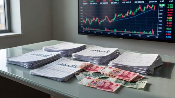 Documentos financeiros e notas de yuan representando investimentos na China