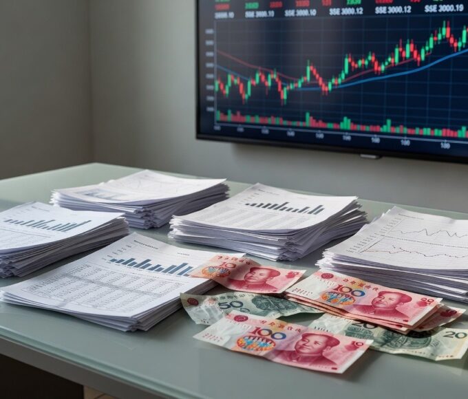 Documentos financeiros e notas de yuan representando investimentos na China